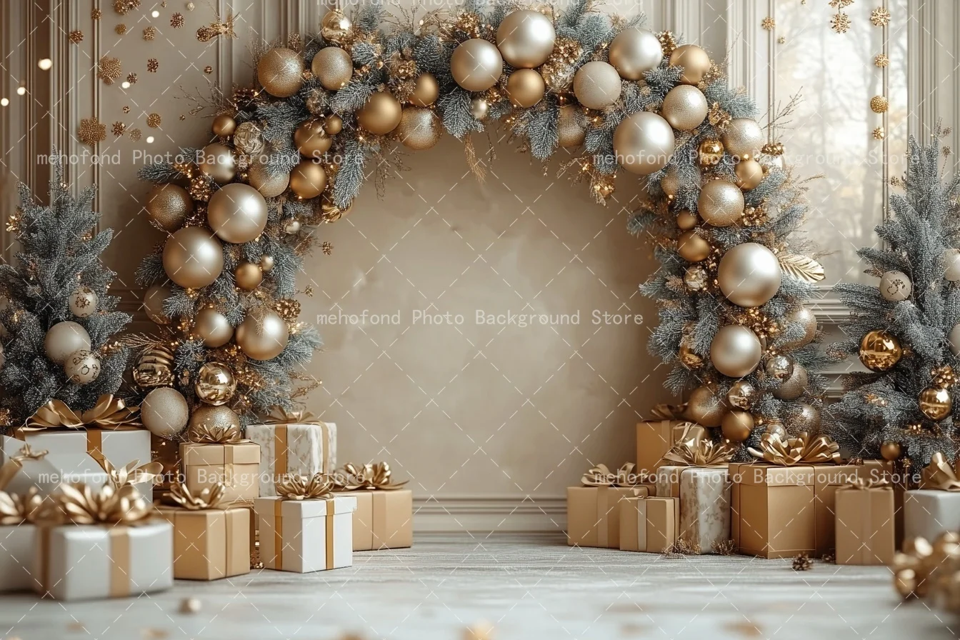Mehofond Photography Background Christmas Arched Door With Golden Spherical Decoration Kids Family Portrait Backdrop Decor