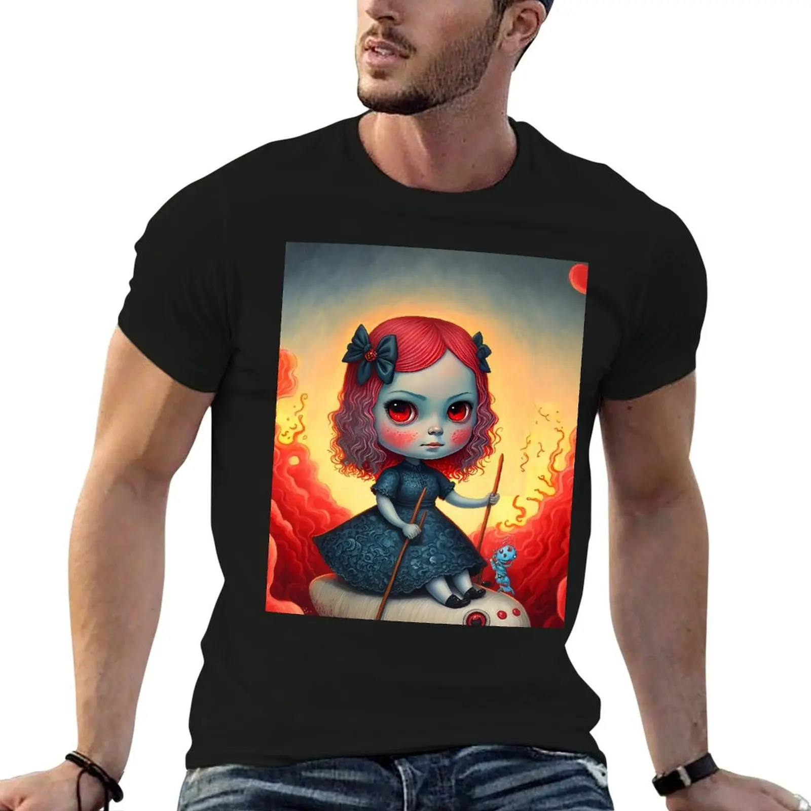 Voyage of the Crimson Waves - Surreal Doll in a Fiery Fantasy World T-Shirt aesthetic clothes slim fit t shirts for men