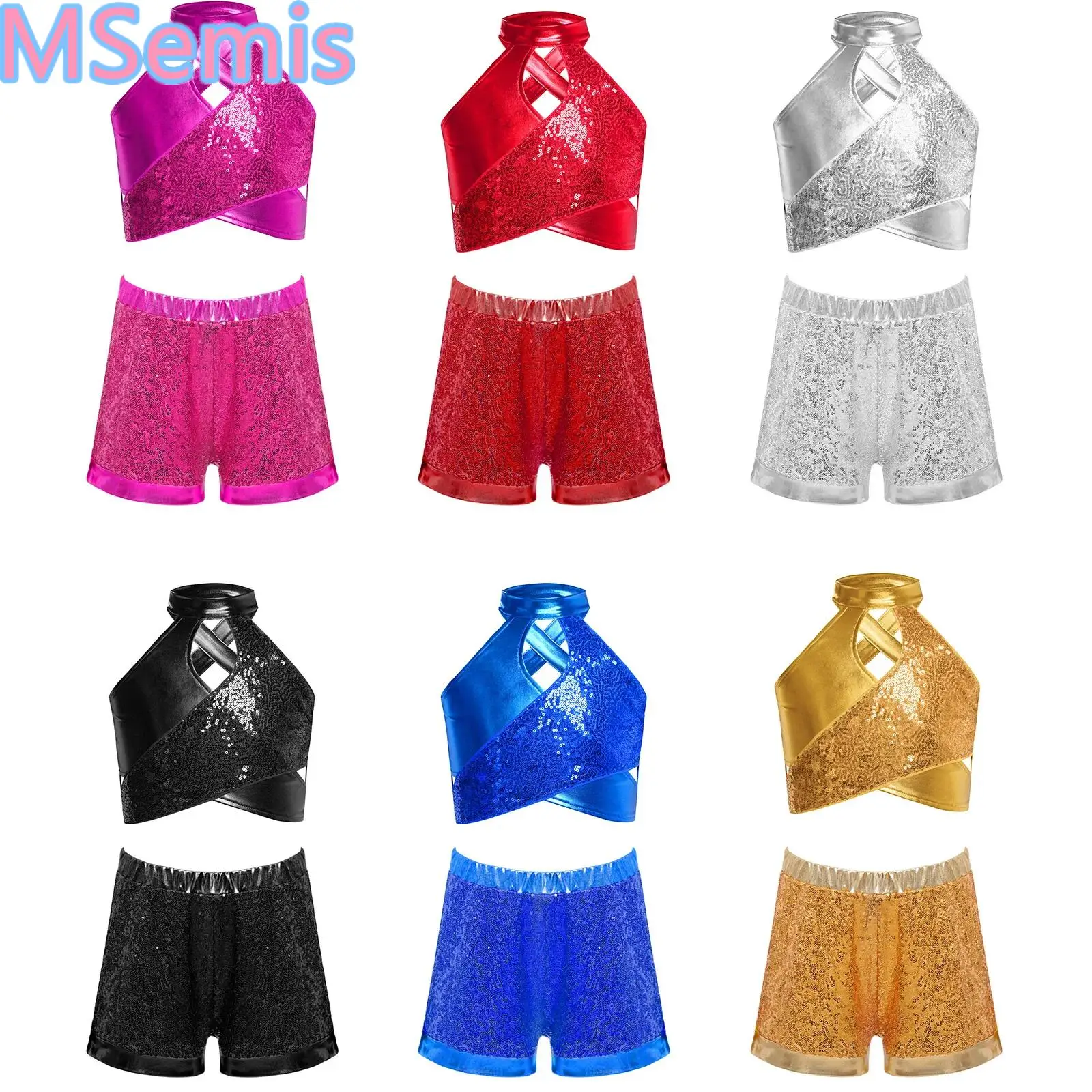 Kids Girls Jazz Dance Tops Cross Keyhole Sparkly Sequins Metallic Crop Top with Elastic Waistband Shorts
