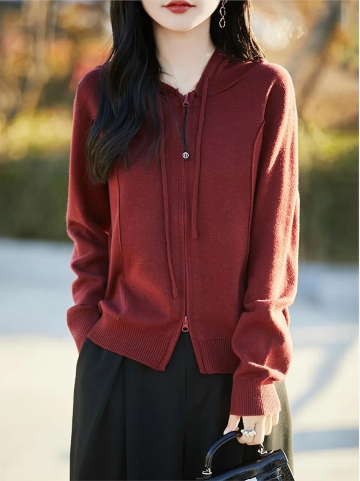 

Double Zipper Hooded Knitted Open Cardigan Sweater Women's Long Sve Loose Slimming Outerwear Precision Spun Yarn Spring 2025