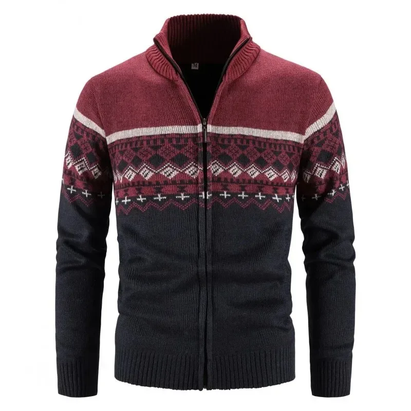 Sweater kasual pria, jaket kardigan ritsleting Jacquard, Sweater Turtleneck musim dingin 2024