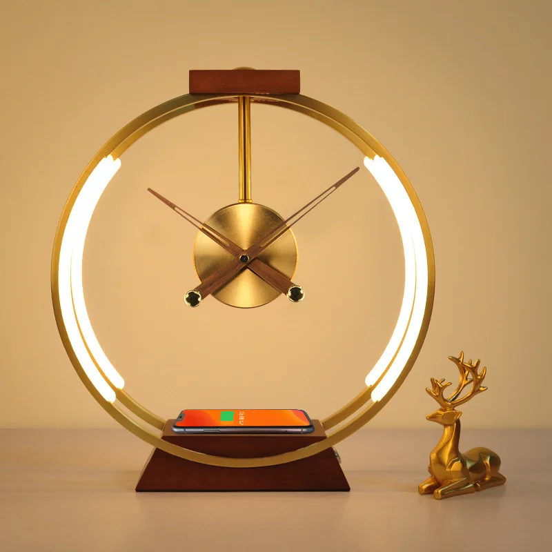 Adjustable lamp, luxury clock, modern wooden base desk lamp with fast wireless charging lamp