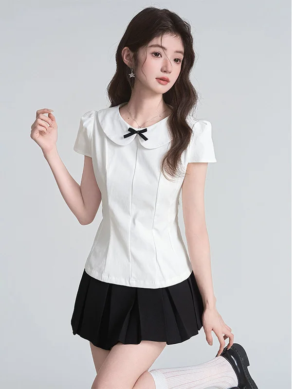 Sweet Girl's White Bowknot Doll Collar Short Sleeve Slim Fit Shirt Women's Summer New Style Age Reduction Top Korean Style Po...