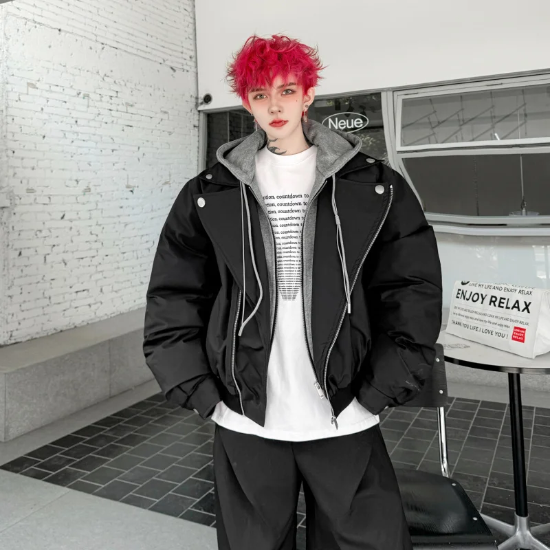 

Мужская утепленная свободная хлопковая куртка на зиму, модная повседневная модель с капюшоном, пэчворк, теплая, с длинными рукавами, на пуговицах