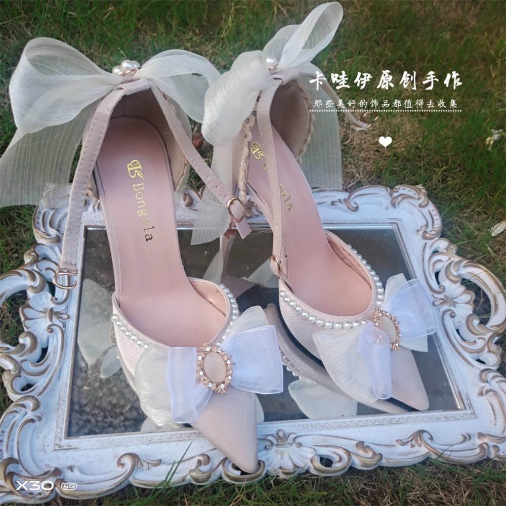 Kawaii Girls Spring Pearl Pointed Sandals High Heel Sweet Lolita Shoes Lace Bowknot Princess Cute Girl Women Lolita Shoes Cos