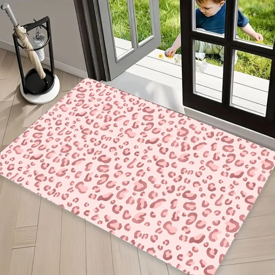 Girly Pink Glitter Leopard Area Rug Carpet, Non Slip Floor Mat, Sparkly Cheetah Print Washable Door Mat, Durable Entryway Rug
