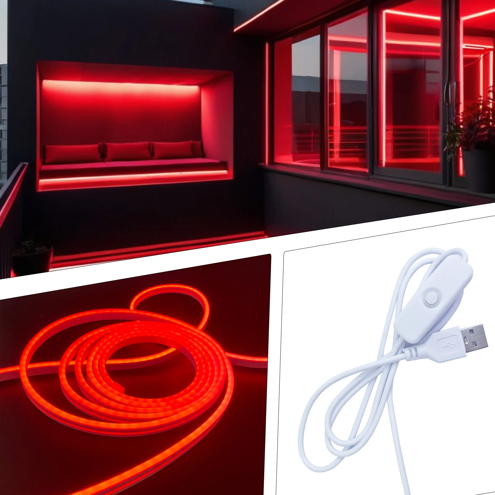 Led Red Flexible Neon Light Strip (1-5m/39.3-196.8inch) 5v Low Voltage Usb Power Supply, 501 Button Adjustment Control, Suitable for Outdoor and