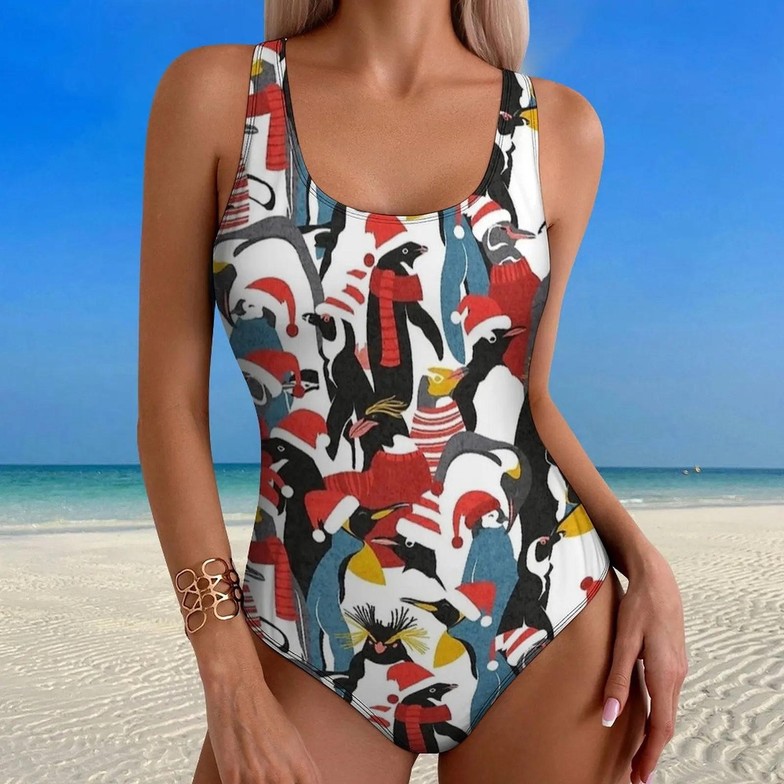 Winter Penguin Crowd Red Print Swimsuit Push Up Swimwear One-Piece Fitness Bathing Suit Bodysuit Sexy Custom Beach Outfits