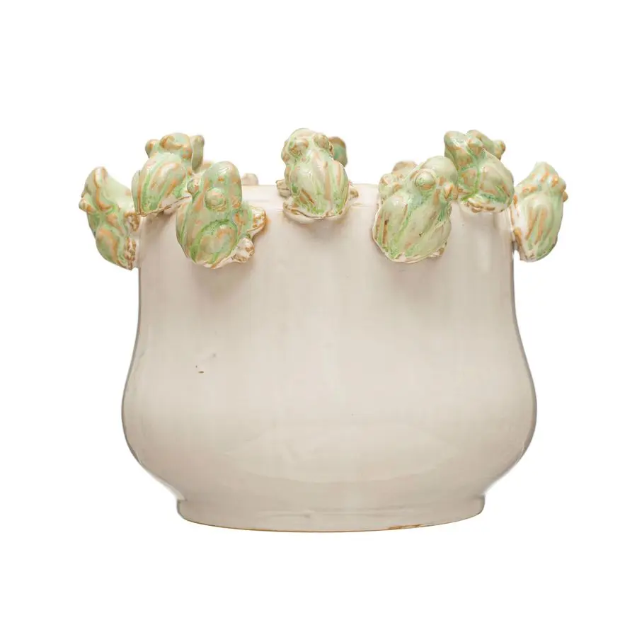 

CoOp Stoneware Planter with Frogs on Rim and Reactive Glaze, Green and White