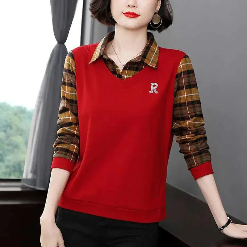 Autumn Winter Fashion patchwork fake two pieces Ladies All-match Plaid Turn-down Collar Long sleeve Polo Shirts women clothing