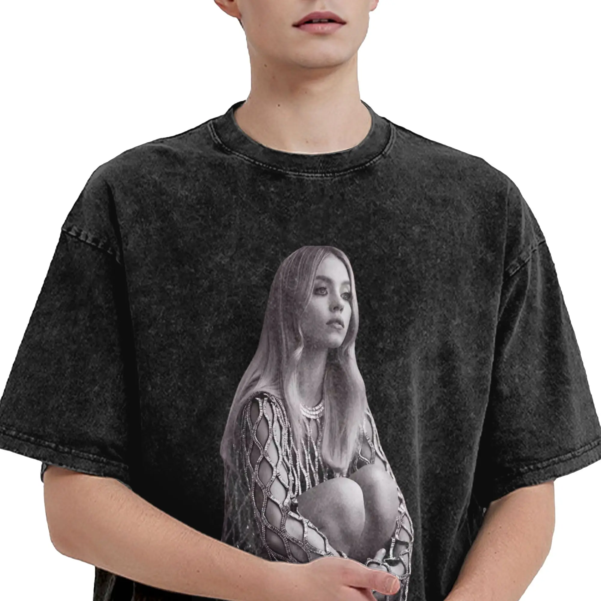 سيدني سويني الممثلة الأمريكية تي شيرت الرجال 100% القطن الجدة تي شيرت س الرقبة تيز ملابس قصيرة الأكمام الطباعة