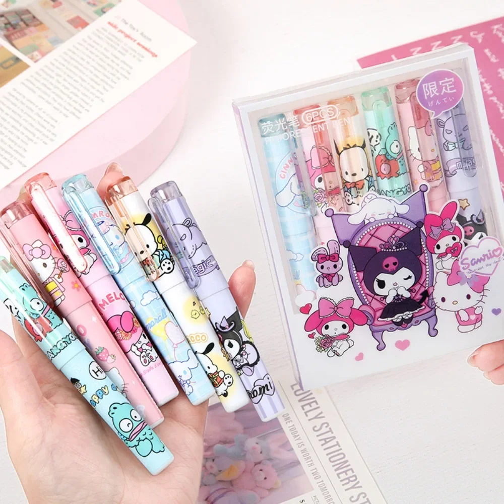 6pcs Anime Peripheral Kawaii Cute Kuromi Cartoon Highlighter Multicolor Diary Profile Marker Pen Pupil Stationery Festivals Gift