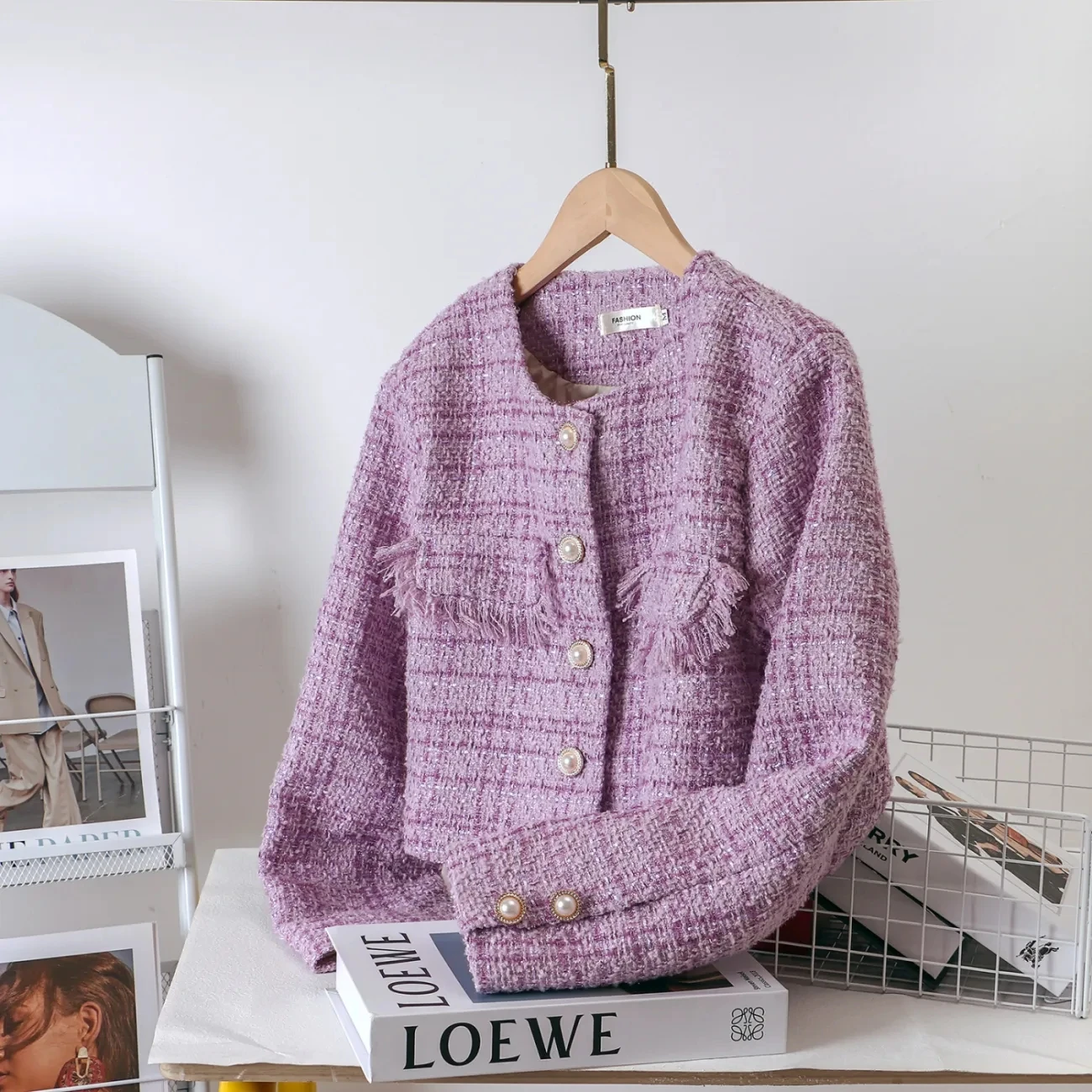 Purple Short Coat Women's 2024 Spring Autumn Tweed Single Row Pearl Button Pocket OL Jacket