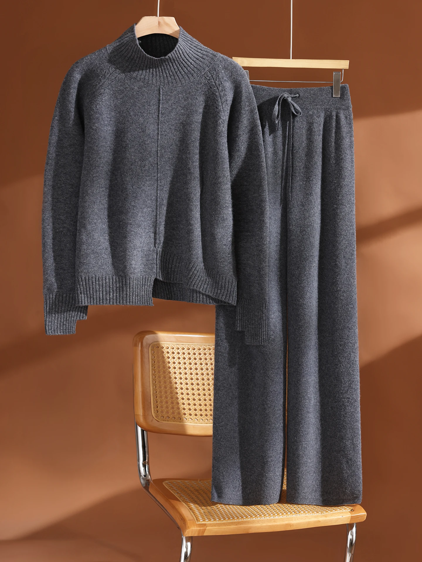 Women 100% Merino Wool Mock-Neck Pullover Sweater  Raglan Eyelet Front Slit Sweater Wide Leg Pants 2 Piece Set Clothing Suit