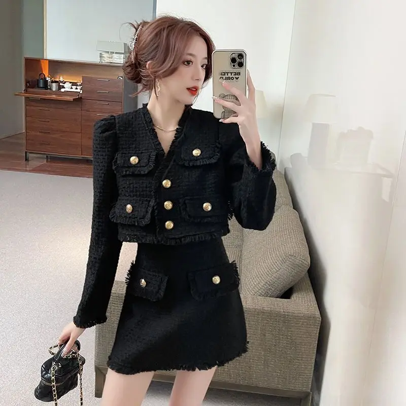 

Korean Style Fashionable Single-breasted Tweed Short Jacket+Short Skirt Women Autumn/Winter Commute Sweet Two-Piece Set