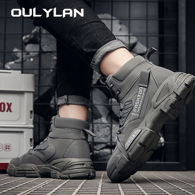 

NEW Men Fashion Leather Boots British High Top Grey Men's Footwear for Outdoor Work Boots Trendy 2024 Spring Leisure Shoes