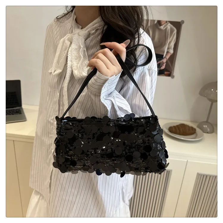 Neue Pailletten-Abendtasche, Schultertasche für Damen, leicht, tragbar, Damen-Umhängetasche mit Riemen, einfarbig, modische Handtasche für Frauen. – Detail 20