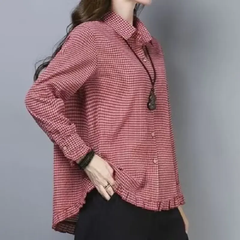 Spring Autumn Plaid Shirt For Women 2025 New Loose Versatile Long Sleeved Top Elegant Ruffle Edge Lapel Single-breasted Jacket