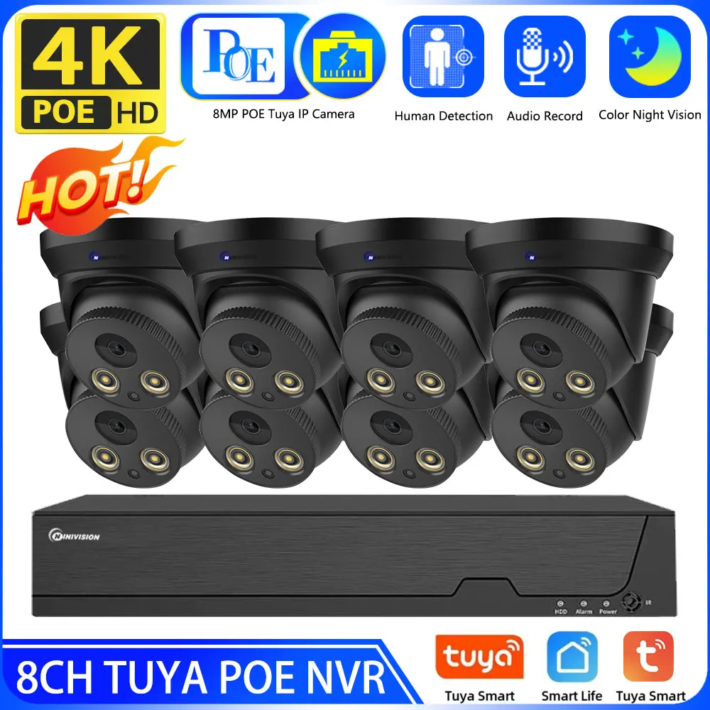 

Tuya 8CH 4K 8MP POE Security IP Camera System Color Night Vision One Way Audio Rj45 Network Video Smart Surveillance Camera Kit