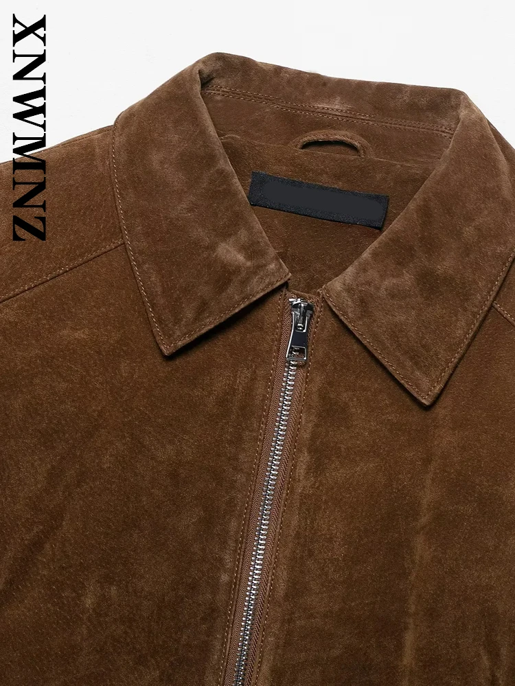 XNWMNZ 2025 Herfst Vrouw Vintage Woon-werkverkeer Turn-down Kraag Leren Jas Eenvoudige Mode Vrouwen Kleding BRUIN Casual Bovenkleding