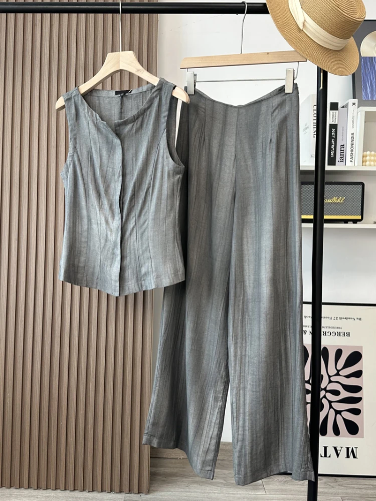 

Linen Suit Vest And Casual Wide Leg Pants Women's Set Summer 2025 Faion Ensemble by Yu YU PENG