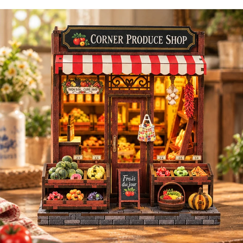 DIY Wooden Corner Produce Shop Cottage Figurines Miniatures Kits Mini Casa for Friends Christmas Gifts Home Decor Crafts