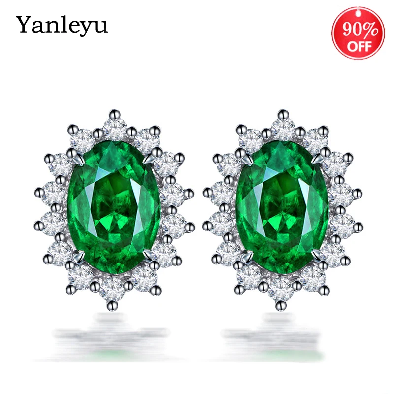 

Yanleyu Created Emerald Stud Earrings for Women 925 Silver Color Geen Cubic Zircon Stone Engagement Jewelry Accessories PE007