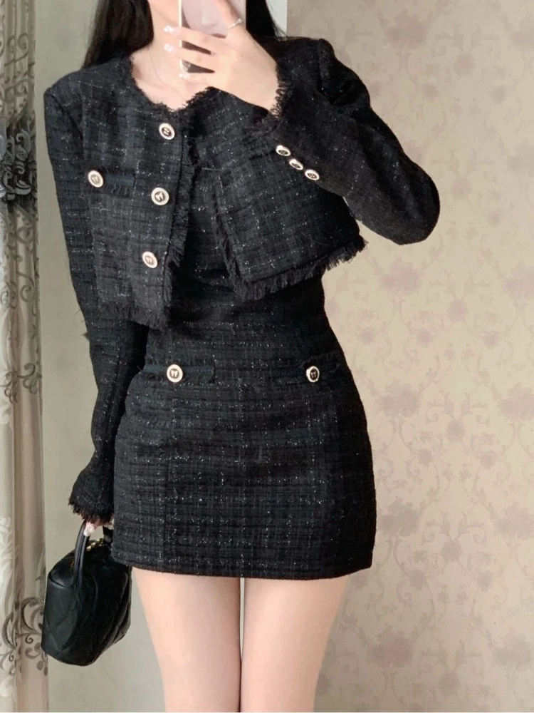 

Y2k Black Suit Korean Style Retro Elegant Two Piece Set Women Fashion Tassels Short Jackets Casual Strap Party Mini Dress Female