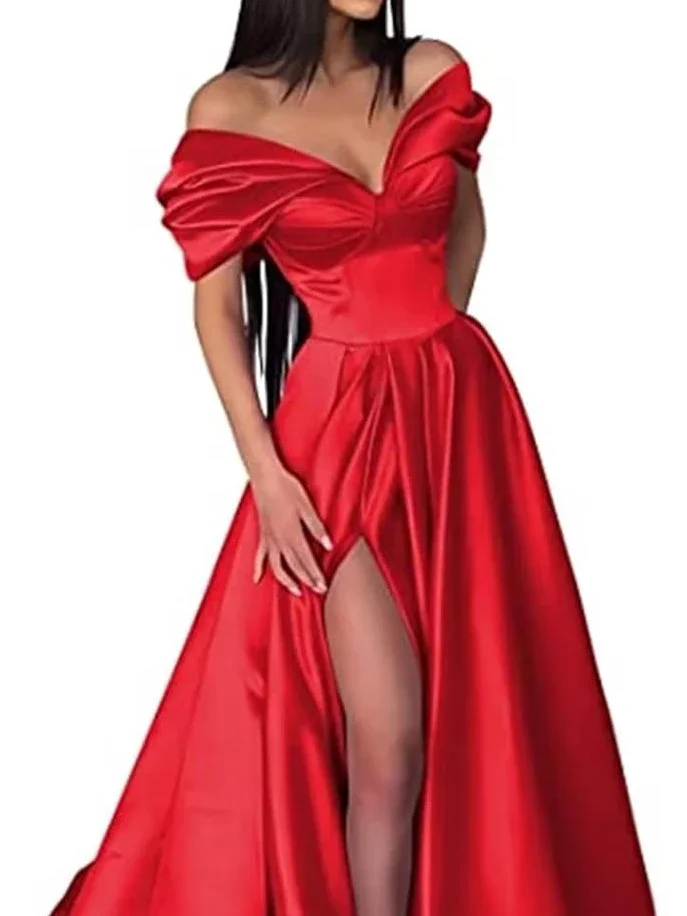 Customized Off Shoulder V-neck Vestidos De Mujer Slim Waist Split Prom Dresses With Pockets Long Pleates Formal Evening Gowns