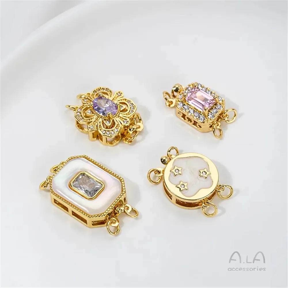 18K Copper Plated Real Gold Inlaid Shell Zircon Oil Drop Rose Rectangular Double Row Pearl Buckle DIY Connecting Buckle