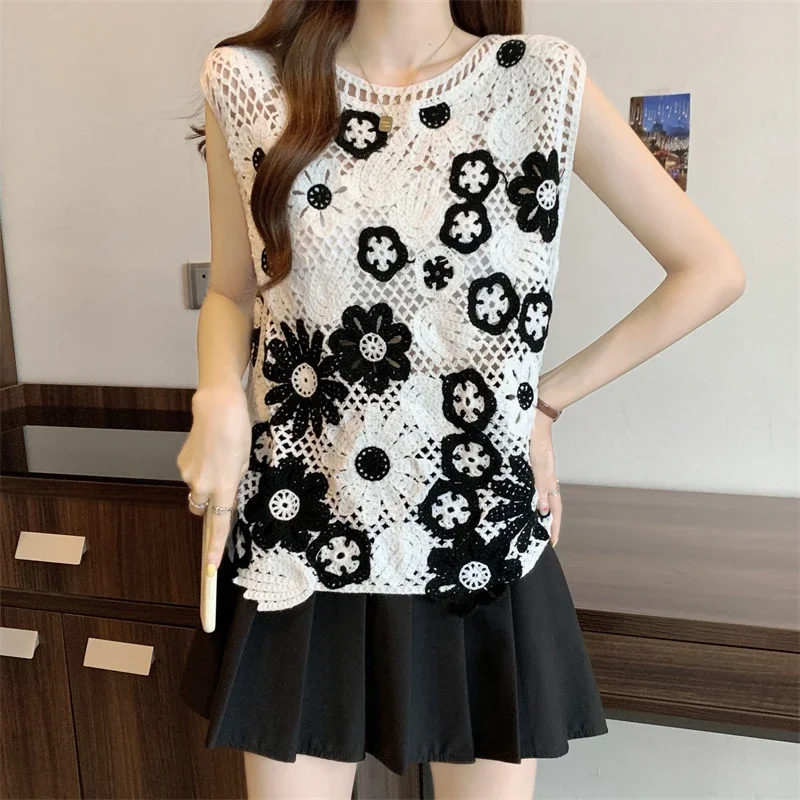 Floral Crochet Top Hollow-out Openwork Knit Sleeveless Lace Blouse Women Summer Beach Cover Up Top Boho Festival Cottagecore