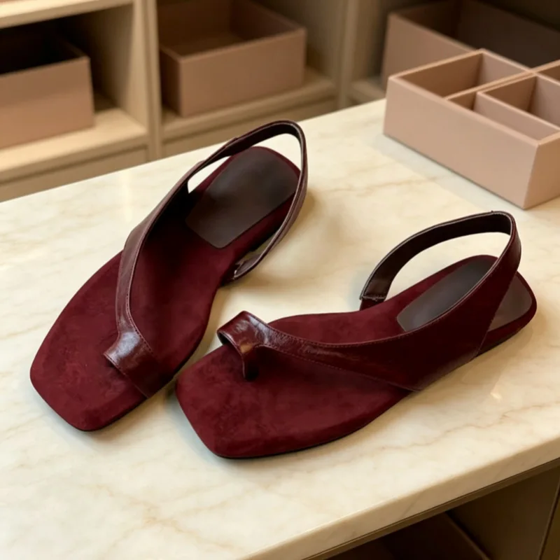 2026Women Flat Sandals Casual Soft Leather Suede Square Clip Toe Summer Shoes for Women Beach Party Daily Wear Sandalias Mujer