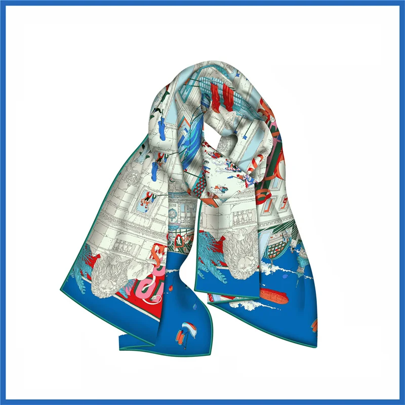 POBING Twill Silk Scarf Women Poncho Hand Rolled City Printed Long Scarves Wraps Bandana Big Shawl Hijabs Female Foulards