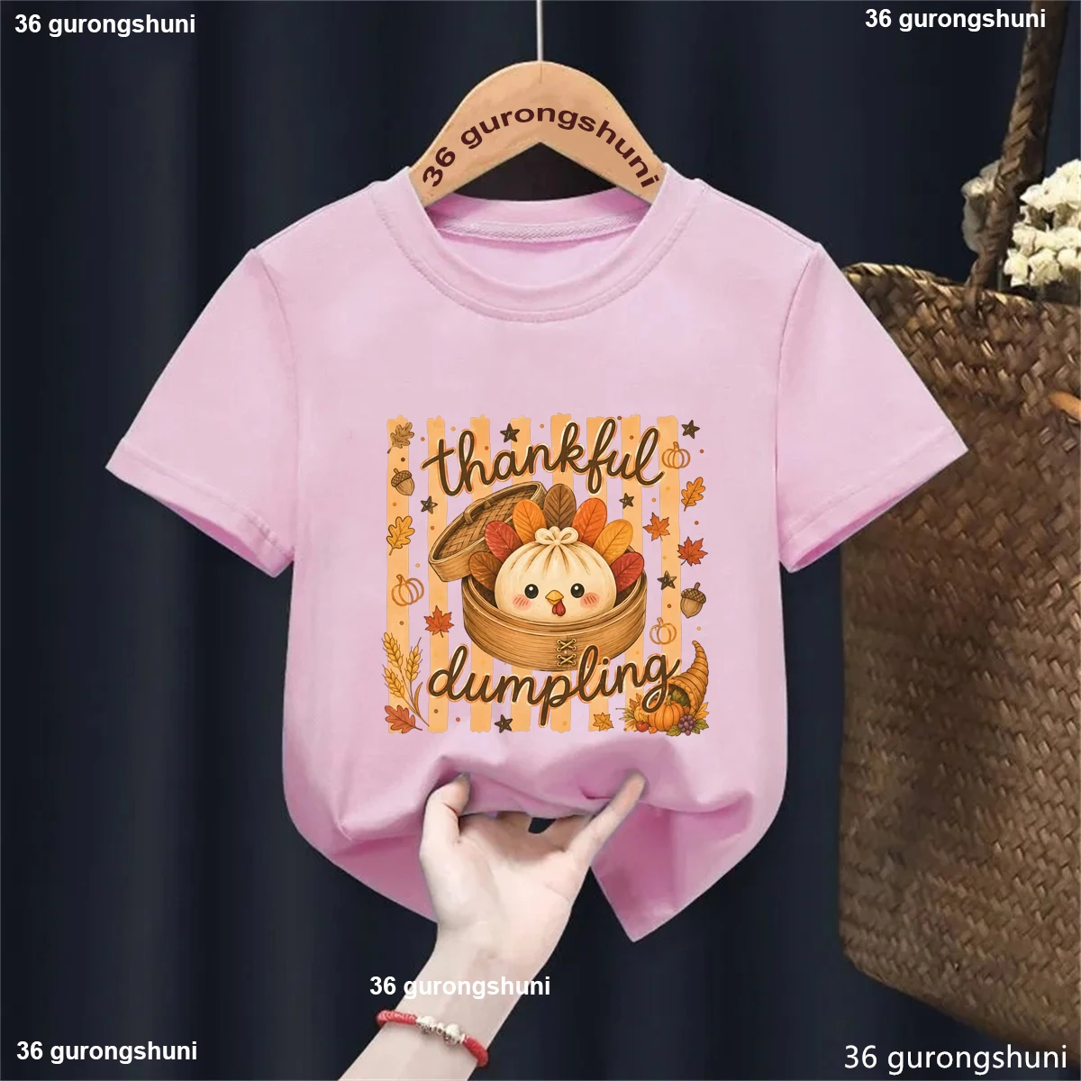 Kawaii Thankful Dumpling Turkey Bun Graphic Tee, Boys Girls Fall Autumn Holiday Short Sleeve Tops, Kids Thanksgiving T‑Shirt