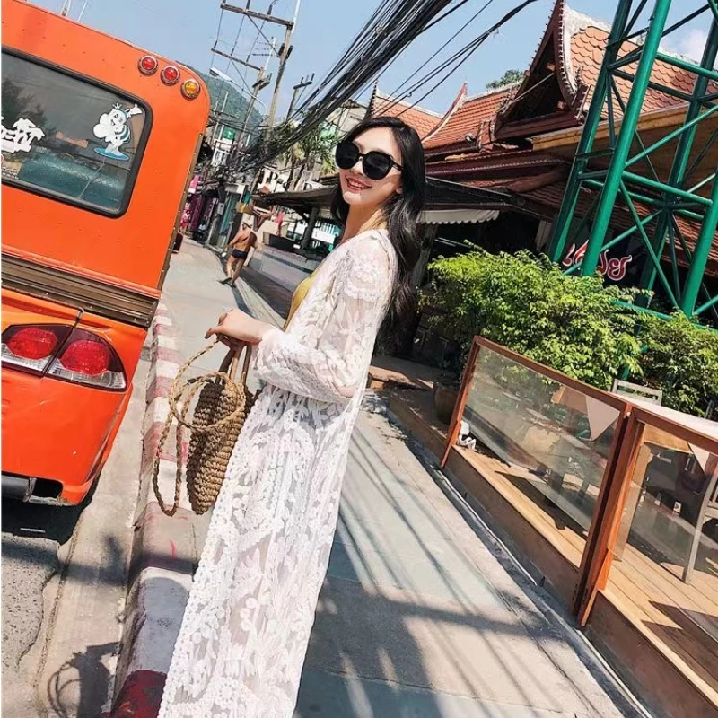 2024 Dress Beach White Lace Summer Maxi Dress Women Long Sleeve Beach Cover Up Sexy See Through Boho Bikini Beachwear Cover-ups