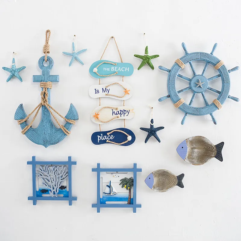 Nautical Wooden Wall Decor Set Mediterranean Style Ship Anchor Rudder Starfish Hanging Ornament For Home Living Room Background
