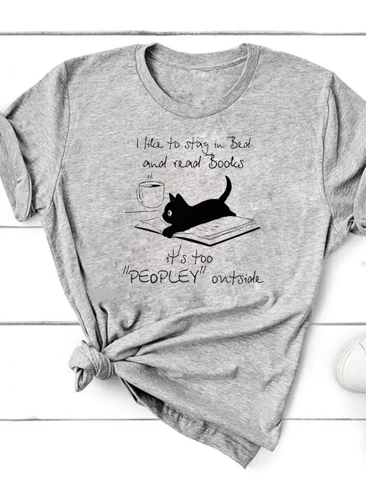 Graphic T-shirt Clothing Summer Top Fashion Cat Books Trend Cute Short Sleeve Women Print T Shirt Tee Basic Clothes