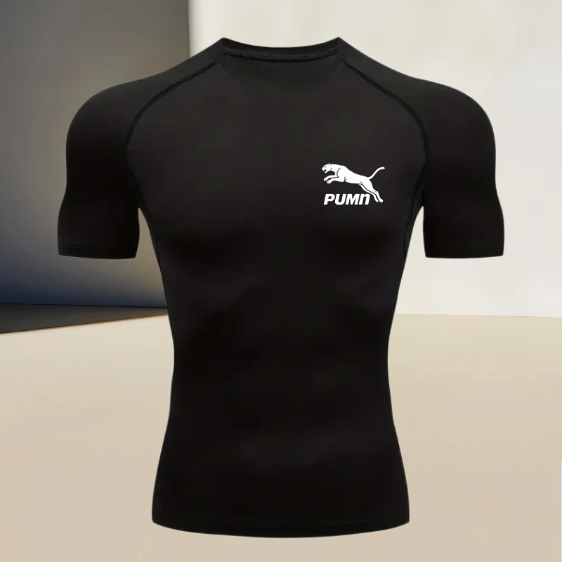 Men's summer running and fitness compression quick drying base shirt, short sleeved round neck high elasticity fabric