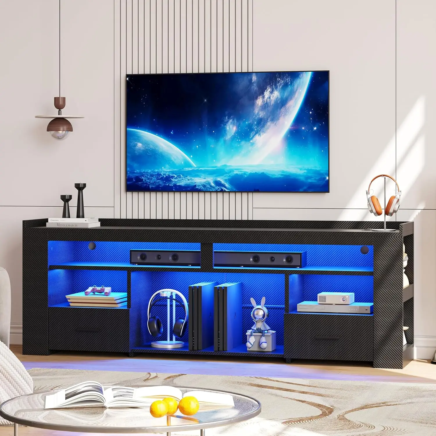 ^TV Stand for 75 Inch TV, Carbon Fiber Entertainment Center with 2 Drawers, Charging Station & RGB LED Light, Gaming Media
