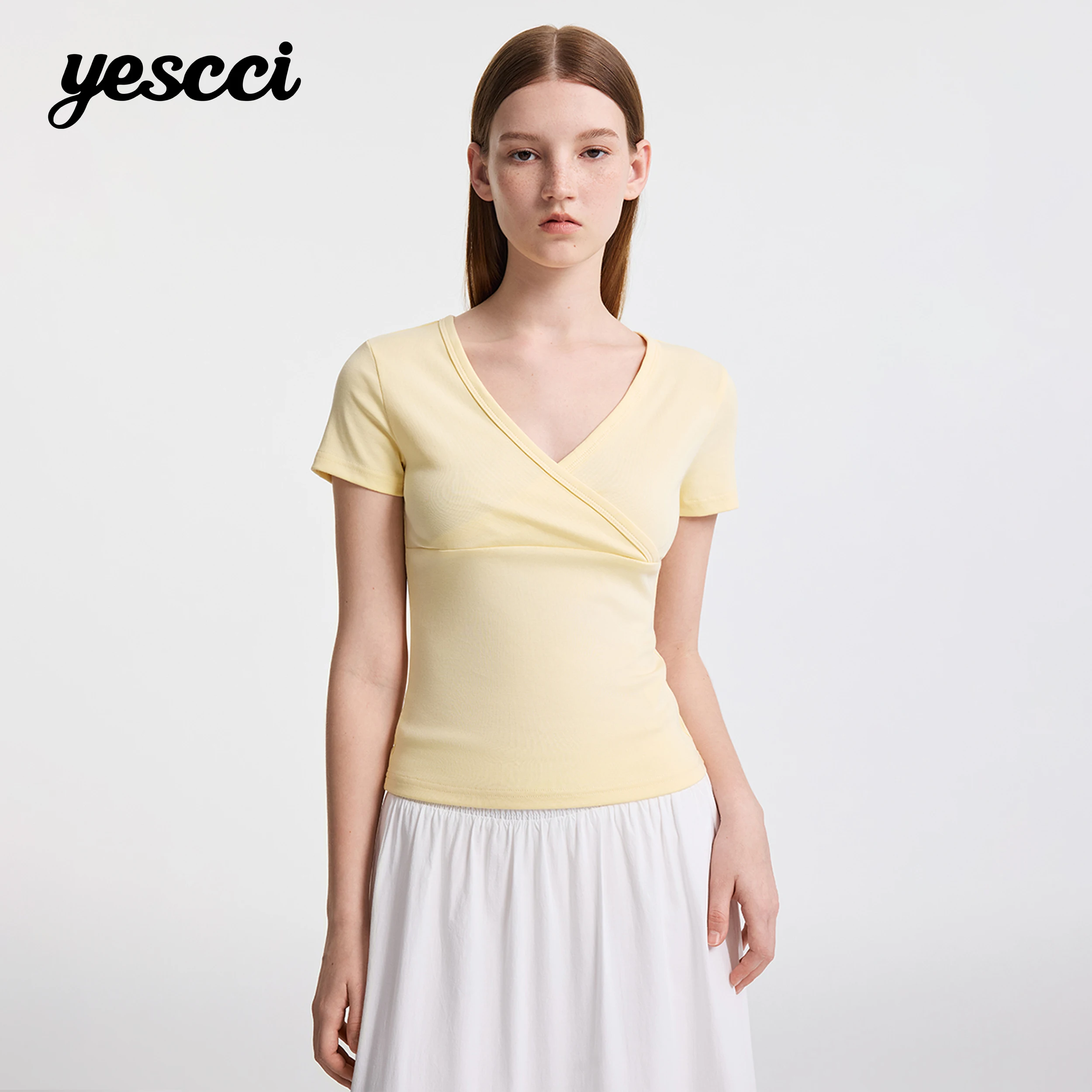 YESCCI Fitted T-shirts For Women Crisscross V Neck Short Sleeve Tee Solid Basic Versatile Casual Stretch Women Top S56411083