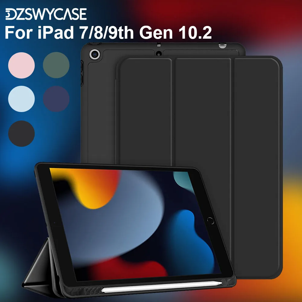 Case For iPad 9/8/7th Gen 10.2 Inch, With Pencil Holder, Trifold Stand, Shockproof Soft TPU Back Cover, Auto Sleep/Wake