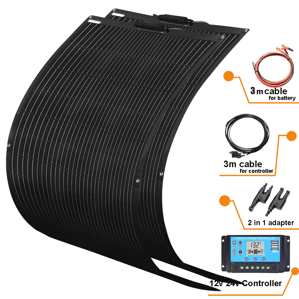 200W / 240W / 300W Monocrystalline Flexible Solar Panel Kit, PET OR ETFE 12V Off‑Grid Solar Power System with Charge Controller,