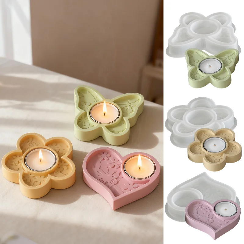 

3pcs Butterfly Heart Flower Engraved Candle Holder Mold for DIY Epoxy Resin Plaster Decor - Reusable Silicone Craft Base