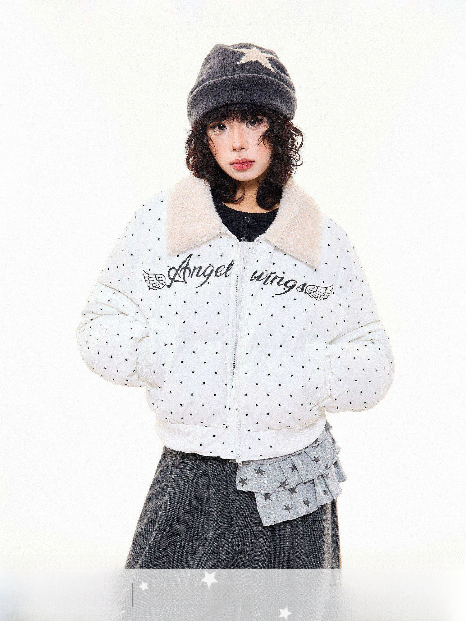 

Warm MKGO American Polka Dot Print Lamb Fur Collar Cotton Jaet Women Winter Loose ort Bread Sle Outerwear Polyester Fil...