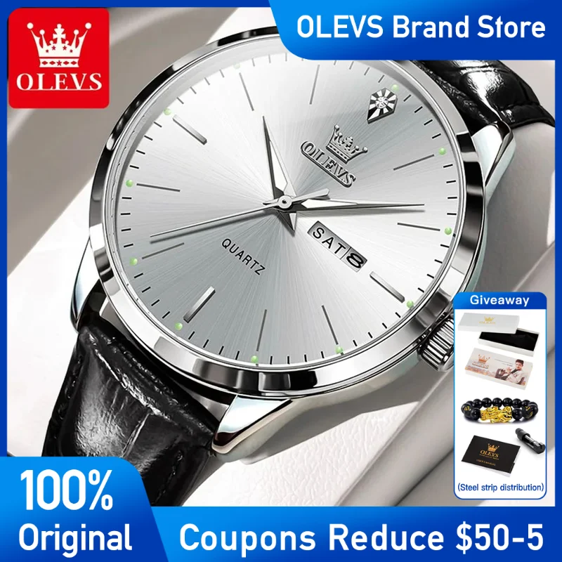 OLEVS Mens Watch fashion Original Brand Quartz watch Dual calendar luminous Waterproof Leather Strap Wear Watch with box