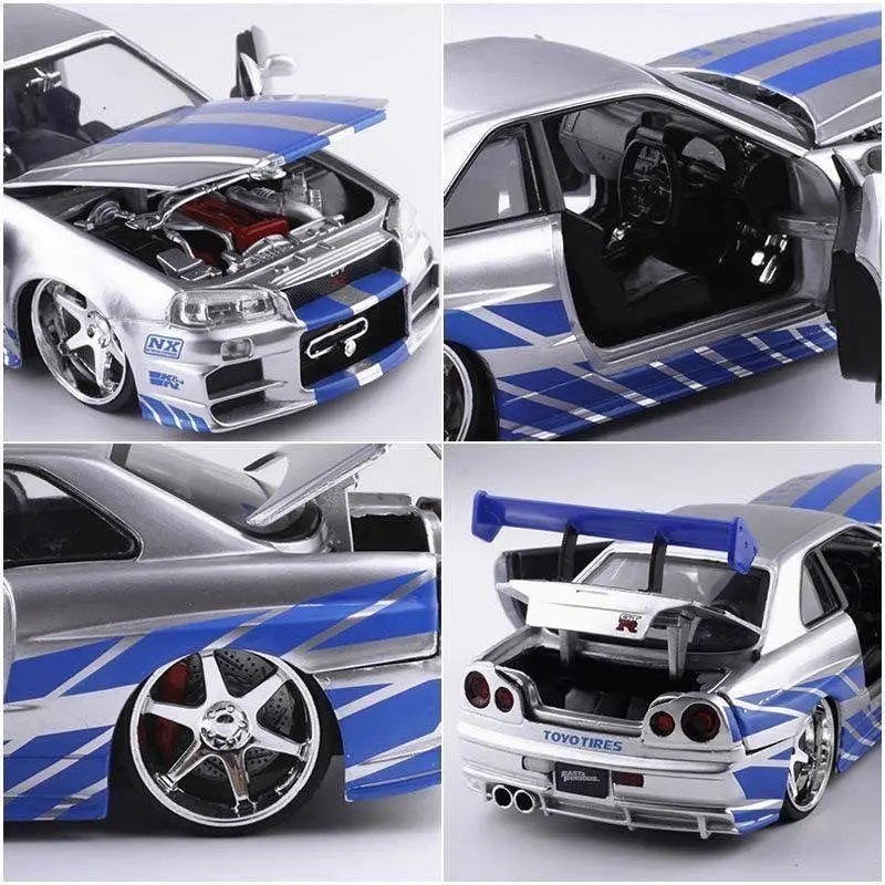 All Jada 1:24 Fast and Furious Nissan Skyline GTR R34 Diecast Metal Alloy Model Car Toys for Children Toy Gift Collection