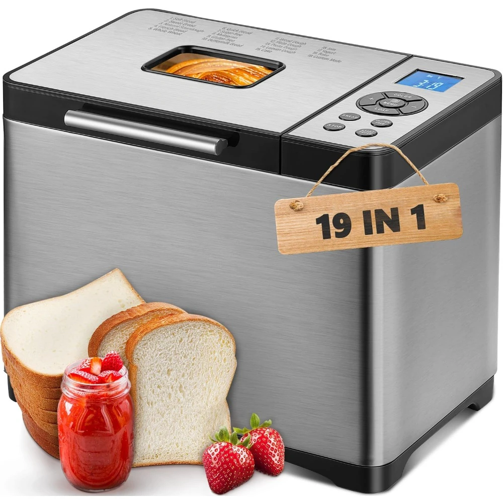 Bread Maker With Ceramic Pan, 15H Timer & 1H Keep Warm,  3 Loaf Sizes 3 Crust Colors, 19-in-1 Automatic Bread Maker