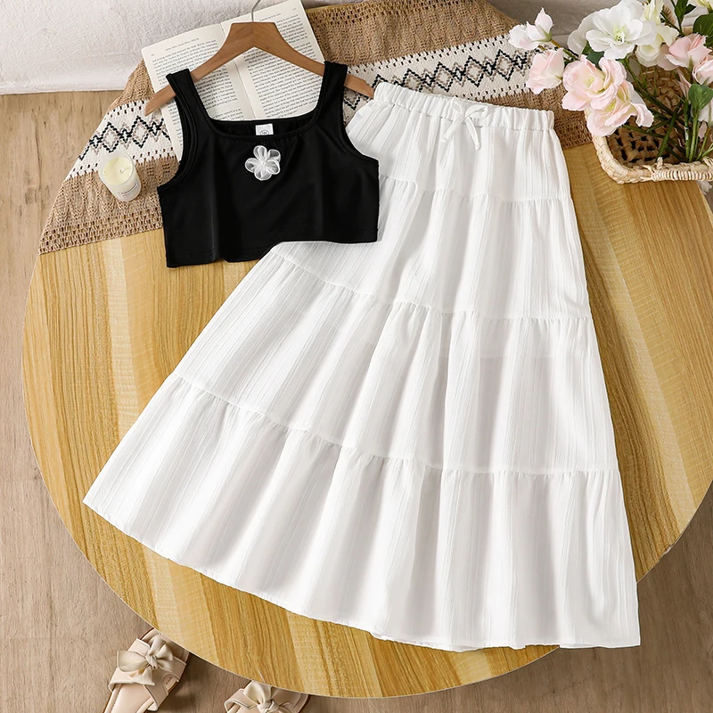 

Daily Casual Summer Set For Girls Black Vest White Floral Printed & White Elastic Waist A-Line Skirt 8-12 Years Sweet Style