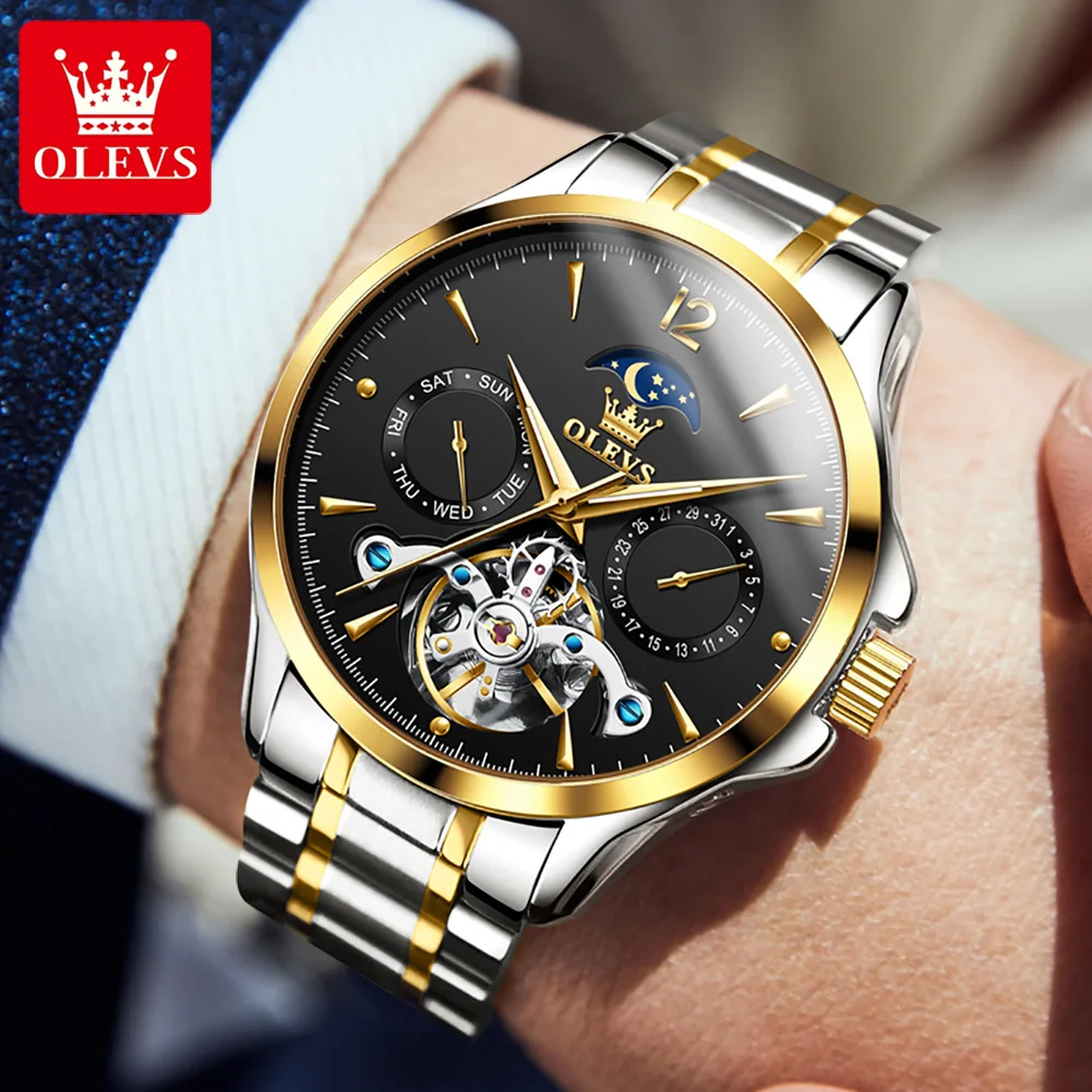 OLEVS 6663 Automatic Mechanical Watch for Man Moon phase Waterproof Flywheel Design Stainless steel Wristwatch Men Luxury Brand