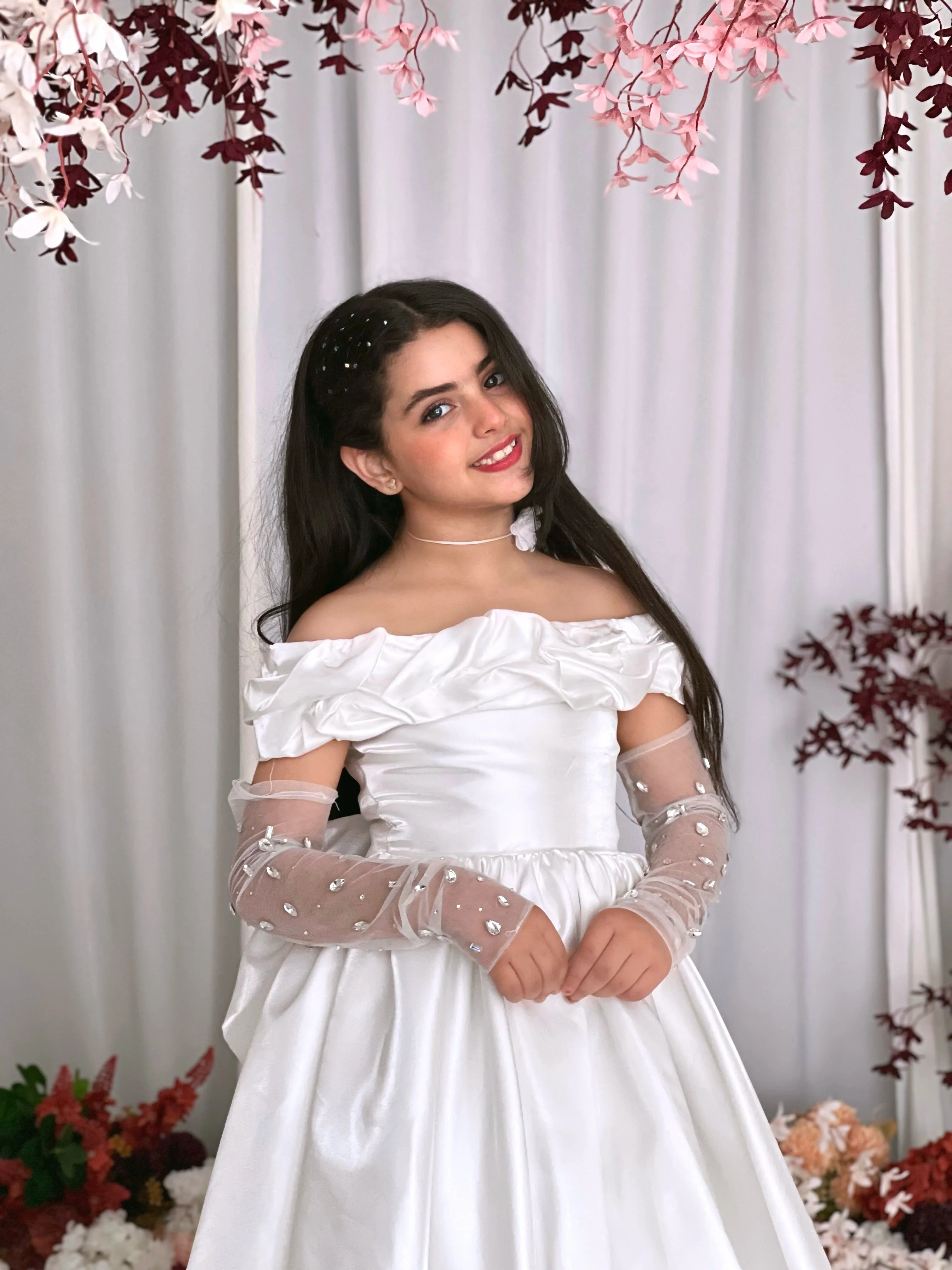 White Satin Flower Girl Dresses for Wedding Off Shoulder with Bow Long Kids Birthday Party First Communion Ball Gown Custom